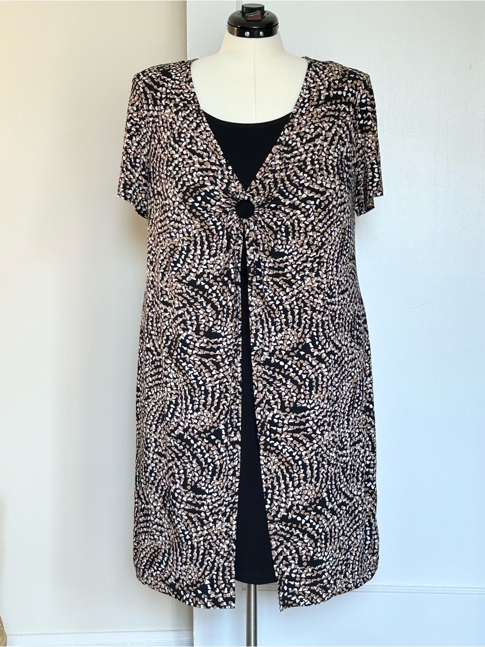 Black, White & Beige Mosaic Print Layered-Look Dress